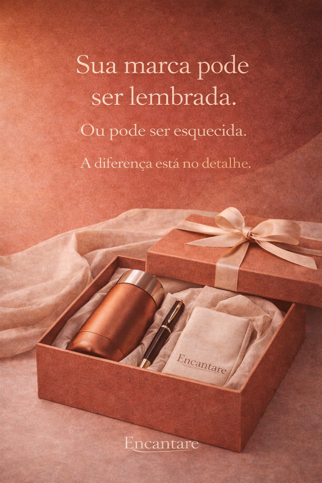 Caixa de presente Encantare com copo e caneta personalizados
